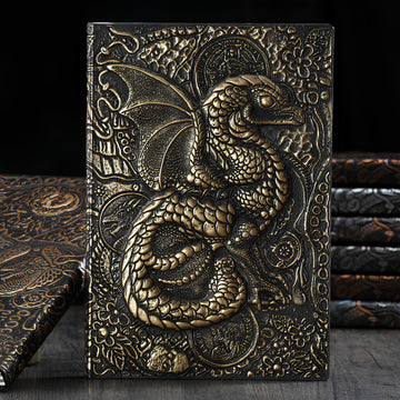 3D EMBOSSED LEATHER COVERED TRAVELLERS JOURNAL - FLYING DRAGON BRONZE - A5 SIZE