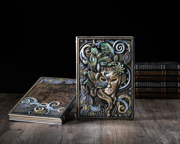 3D EMBOSSED LEATHER COVERED TRAVELLERS JOURNAL - MASQUERADE MASK MULTI-COLOR - A5 SIZE