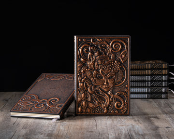 3D EMBOSSED LEATHER COVERED TRAVELLERS JOURNAL - MASQUERADE MASK RED - A5 SIZE