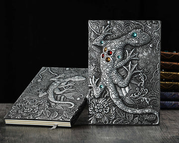 3D EMBOSSED LEATHER COVERED TRAVELLERS JOURNAL - DRAGON SILVER - A5 SIZE