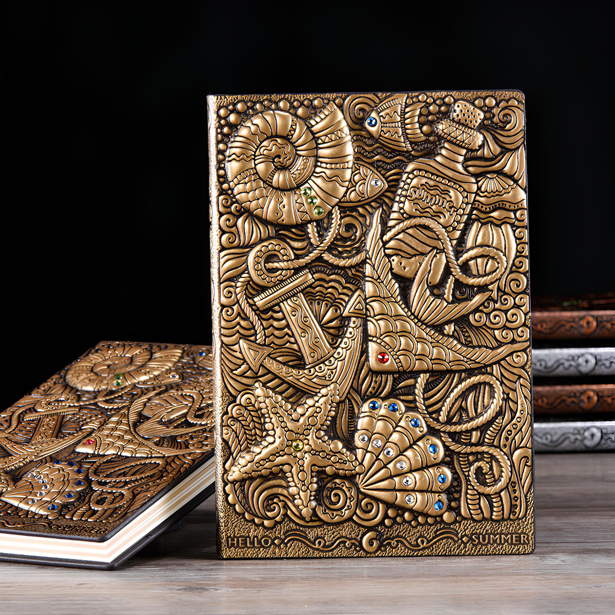 3D EMBOSSED LEATHER COVERED TRAVELLERS JOURNAL - UNDERWATER BRONZE - A5 SIZE