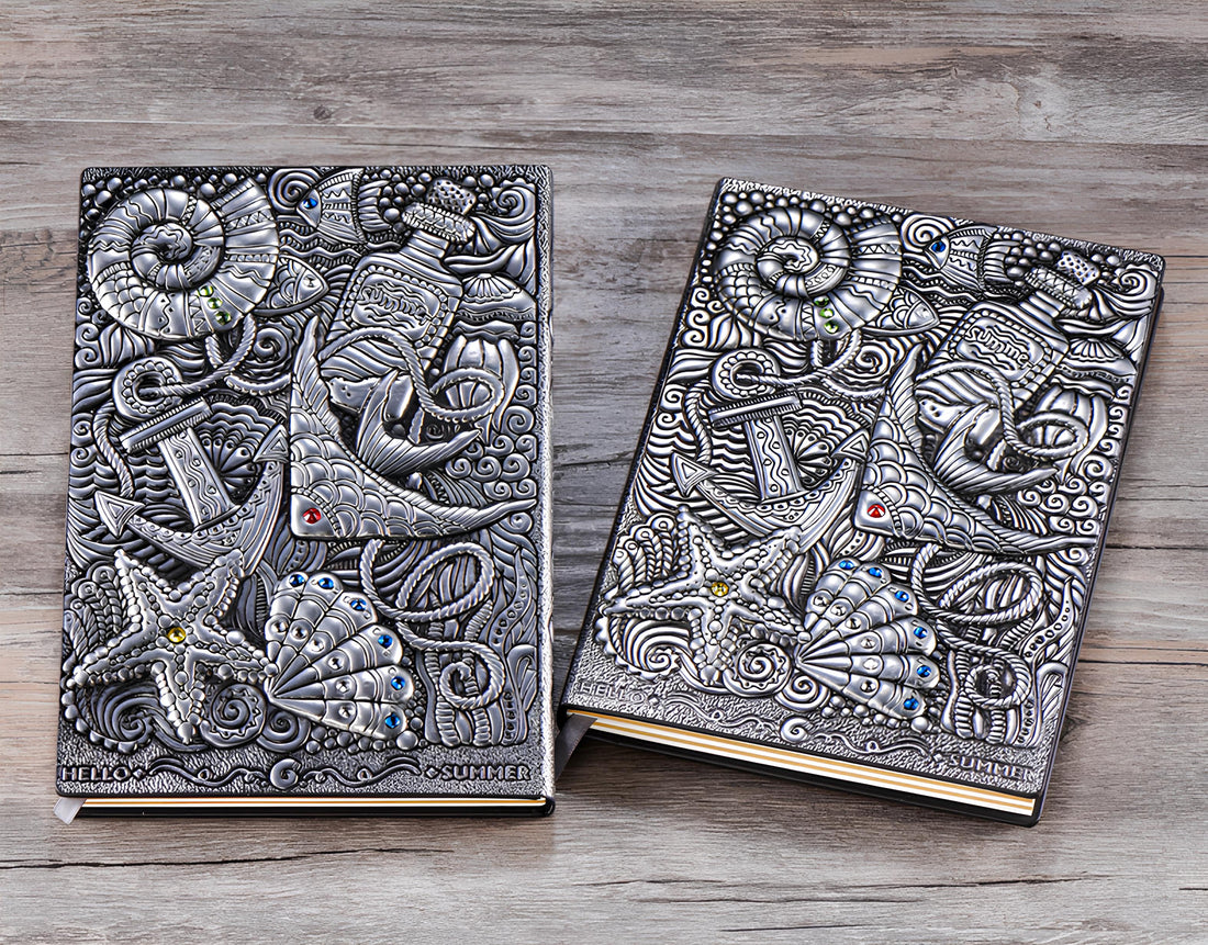 3D EMBOSSED LEATHER COVERED TRAVELLERS JOURNAL - UNDERWATER SILVER - A5 SIZE