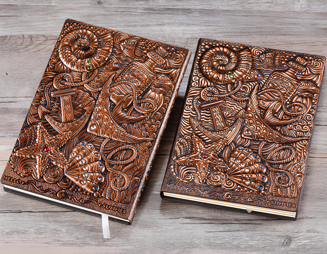 3D EMBOSSED LEATHER COVERED TRAVELLERS JOURNAL - UNDERWATER RED - A5 SIZE