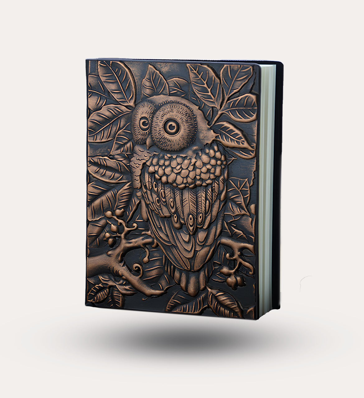 3D EMBOSSED LEATHER COVERED TRAVELLERS JOURNAL - OWL - A5 SIZE