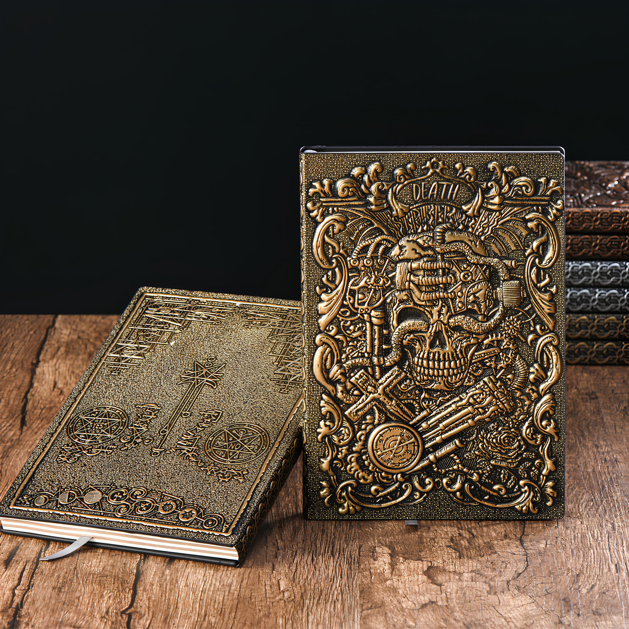 3D EMBOSSED LEATHER COVERED TRAVELLERS JOURNAL - SKULL BRONZE - A5 SIZE