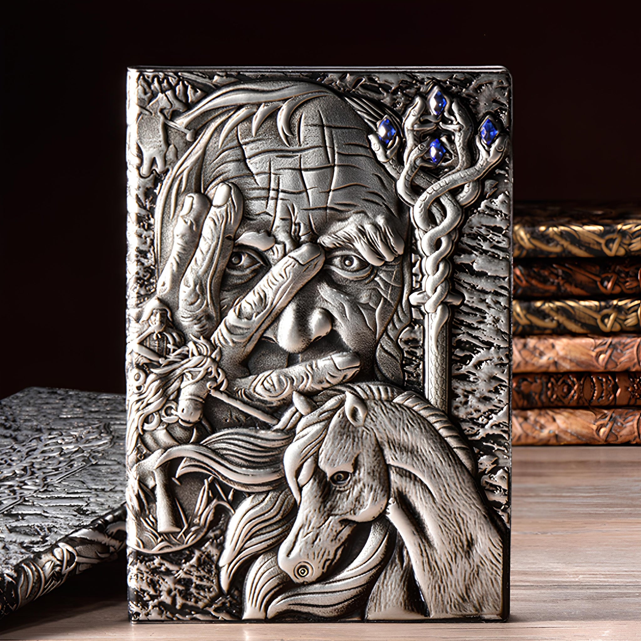 3D EMBOSSED LEATHER COVERED TRAVELLERS JOURNAL - MAGICIAN SILVER - A5 SIZE