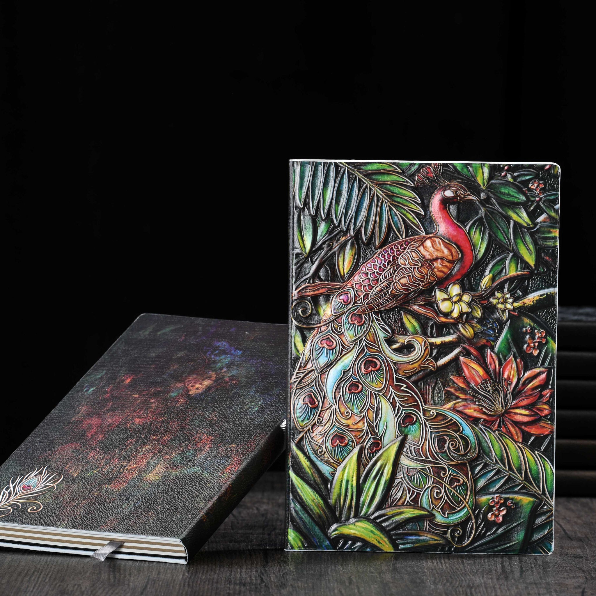 3D EMBOSSED LEATHER COVERED TRAVELLERS JOURNAL - PEACOCK MULTICOLOR - A5 SIZE