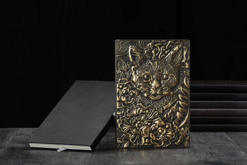 3D EMBOSSED LEATHER COVERED TRAVELLERS JOURNAL - CAT BRONZE - A5 SIZE